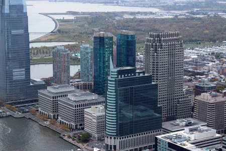 Jersey City on the Hudson River photographed from the helicopterのeditorial素材