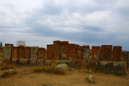 Cross stones in the Noratus cemetery, Armeniaの写真素材