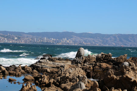 Coast of ValparaÃ­so seen from Mirador Playa Cochoa, Chileの写真素材