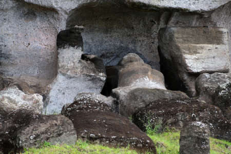 Moai that were never completed in the quarry of at Rano Raraku. The Rano Raraku was used as a quarry and birthplace of the moais for centuries.の写真素材