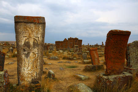 Cross stones in the Noratus cemetery, Armeniaの写真素材
