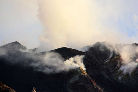 Sulfur Fumaroles of Mount Stromboli volcano, Italy. Stromboli is an Italian island with the active strata volcano of the same name.の写真素材