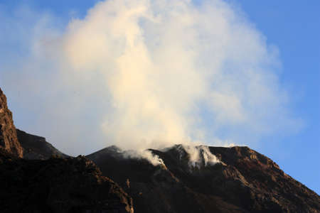 Sulfur Fumaroles of Mount Stromboli volcano, Italy. Stromboli is an Italian island with the active strata volcano of the same name.の写真素材