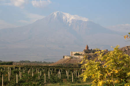 View of the great Ararat, Armenia. The Chor Virap Monastery can be seen in the foreground.の写真素材