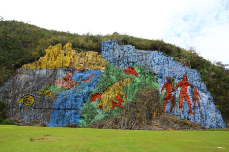 Vinales Mural De La Prehistoria, Cuba.  Work of art created by the Mexican artist Leovigildo GonzÃ¡lez Morillo on a limestone rock.のeditorial素材