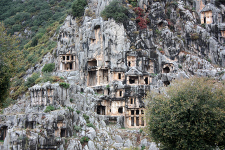 Rock tombs in the city of Myra-Lycia, Turkey. Myra is an ancient city in Lycia. The place is now called Demre and is located in Antalya in Turkey.の写真素材