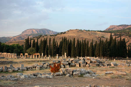 View of the remains of the city of Hierapolis, Turkey. Hierapolis was an ancient Greek city in the Phrygia countryside in Asia Minor, on the edge of the Lycus Valley.の写真素材