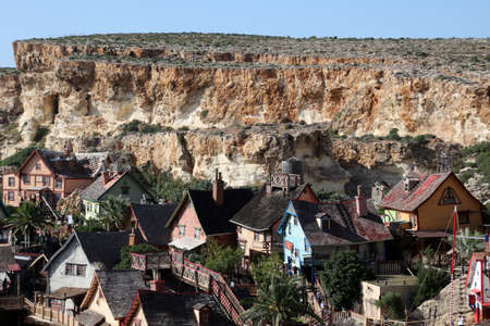 Popeye Village on the shores of Anchor Bay, Maltaのeditorial素材