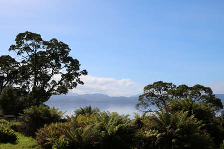 View from penal colony over Macquarie Harbor, Tasmania, Australiaの写真素材