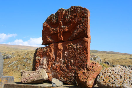 Remains of an Armenian cross stone or khachkarの写真素材