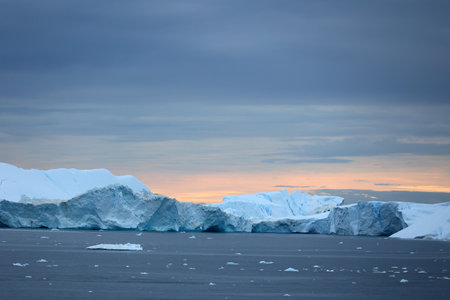 View of icebergs in Ilulissat Icefjord in Disko Bay, Greenland, Denmarkの写真素材