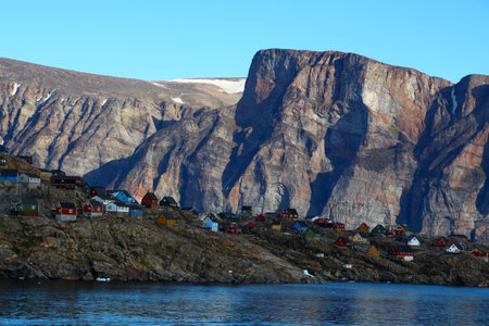 View of the Greenlandic town of Uummannaq, Greenland, Denmarkの写真素材