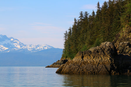 View of Kakuhan Range from William Henry Bay in the US state of Alaska, United Statesの写真素材