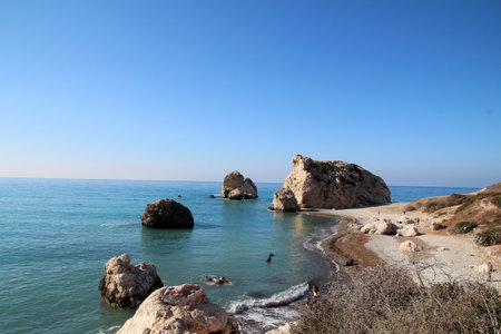 View of the Rock of Aphrodite Petra tou Romiou, Cyprusの写真素材