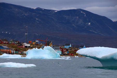 Icebergs off the coast of Ilulissat village, Greenland, Denmarkの写真素材
