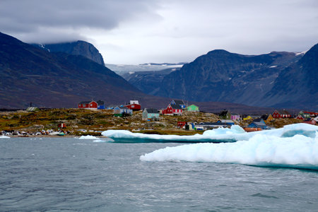 Coastal view with icebergs of Ilulissat village, Greenland, Denmarkの写真素材