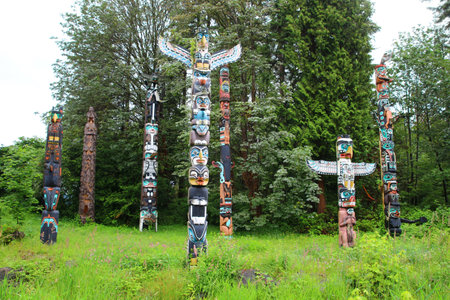 Totem Pole in Stanley Park in Vancouver, British Columbia, Canadaの写真素材
