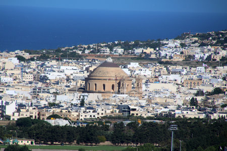 View of Mosta from the Citadel of Victoria with the Rotunda of Mosta, Gozo, Maltaの写真素材