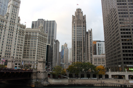 Chicago on the Chicago River on the left the DuSable Bridge and the Wrigley Buildingのeditorial素材