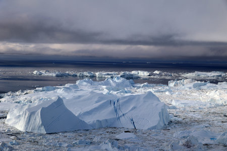 View of icebergs in Ilulissat Icefjord in Disko Bay seen from an airplaneの写真素材