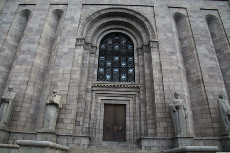 Entrance portal of the Mesrop-Mashtoz Institute for Ancient Manuscripts in Yerevan, Armeniaの写真素材