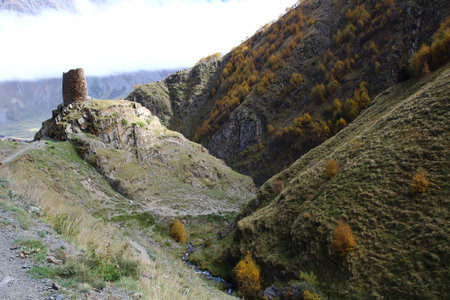 Ruins of a fire tower in the area of Stepantsminda city, Kazbegi, Georgiaの写真素材