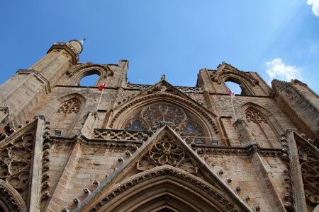 Ornate gothic facade of the Lala Mustafa Pasha Mosque, Northern Cyprusの写真素材