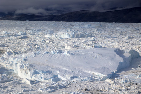 Jakobshavn Glacier also known as Ilulissat Glacier or Sermeq Kujalleq seen from an airplane, Greenlandの写真素材