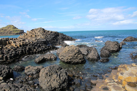 Hexagonal basalt stone pillars at the Giant's Causeway in Northern Irelandの写真素材