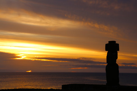 Moai at sunset, Easter Island, Rapa Nui, Polynesia, Chile, South Americaの写真素材