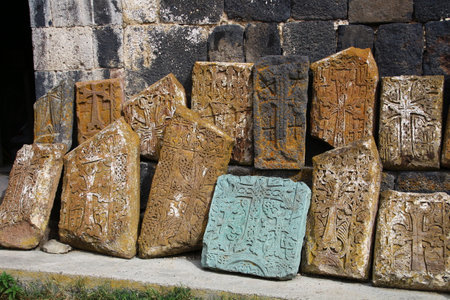 Cross stones also called Khachkar in the Sevanavank Monastery, Armeniaの写真素材