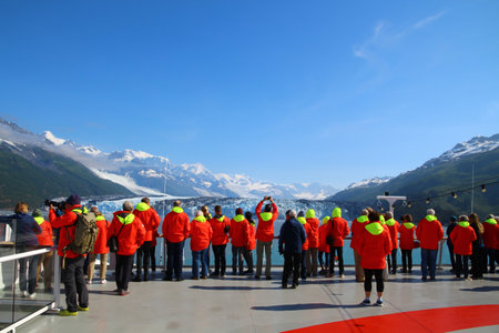 MS Roald Amundsen anchored off Harvard Glacier a large tidewater glacier in the Alaska's Prince William Soundのeditorial素材