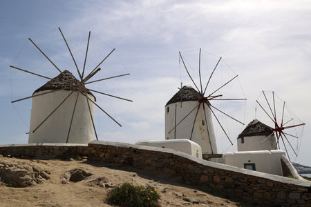 Windmills on the Cyclades island of Mykonos- Cyclades-Greeceの写真素材