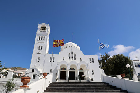 View of the Church of the Annunciation of the Virgin Mary in Emporio on Santorini - Greeceの写真素材