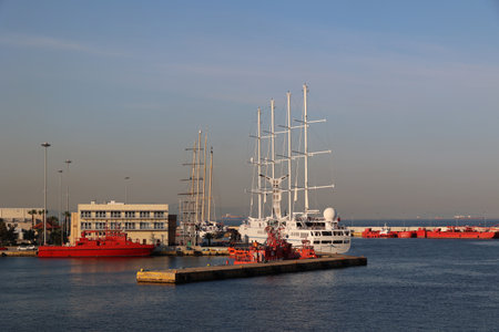 Two four-masted sailing ships in Piraeus port - Greeceの写真素材