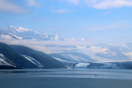 Harvard Glacier in College Fjord in the morning fog, Alaskaの写真素材