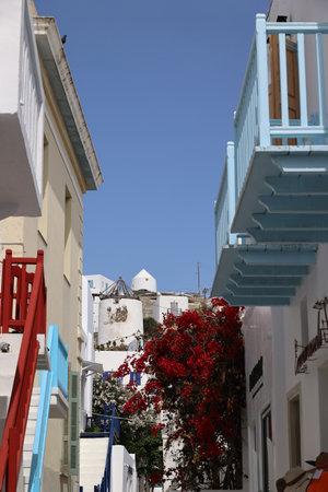 Walking down an alley on Mykonos Island- Greeceの写真素材