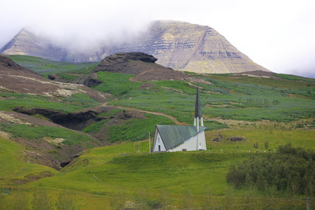 Lonely church in the countryside of Icelandの写真素材