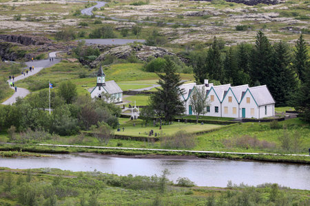 View of the church of Thingvellir and the Prime Minister Summer residenceの写真素材