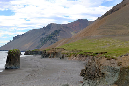 Coastal landscape Laekjavik just north of Hvalnes, Icelandの写真素材