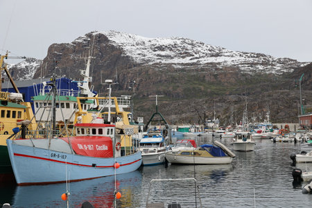 View of the harbor of the small town of Sisimiut in Greenland, Denmarkのeditorial素材