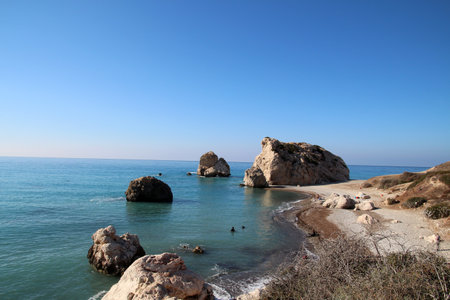 The Rock of Aphrodite, or Petra Tou Romiou, is one of the most famous landmarks on the islandの写真素材
