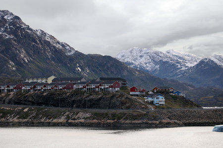 Coastal view of the small town of Sisimiut , Greenland, Denmarkの写真素材