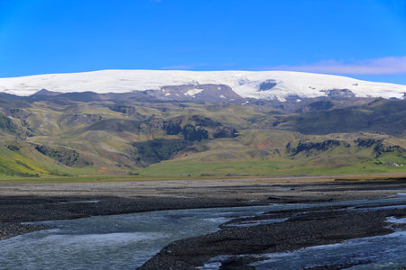 Katla is one of the most active volcanoes in Iceland. It lies under the glacier shield of MÃ½rdalsjÃ¶kull in the south of the countryの写真素材