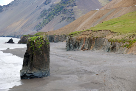 Iceland-A huge rock needle stands on the shore, Laekjavikの写真素材