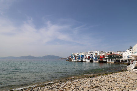 View of the houses of Little Venice seen from the water Mykonos-Cyclades-Greeceの写真素材