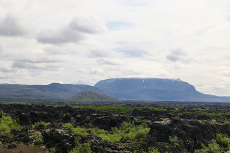 Dimmuborgir lava field of the remains of a lava lake east of Lake Myvatn in Icelandの写真素材
