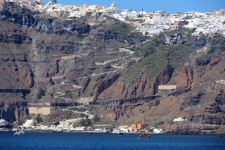 View of the serpentine in the crater wall of the Cyclades island of Santorini-Thera-Greeceの写真素材
