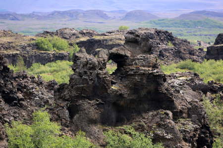 Dimmuborgir lava field of the remains of a lava lake east of Lake MÃ½vatn in Icelandの写真素材