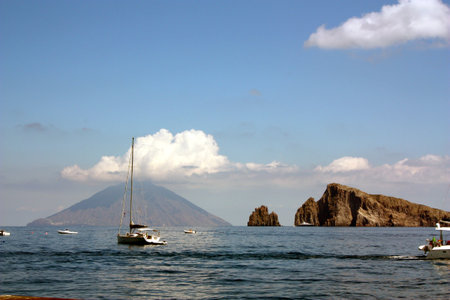 View of the Stromboli volcano in the Tyrrhenian Sea, Italyの写真素材
